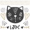 Cat vector. Cartoon doodle character. Love, hearts, arrows.