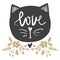 Cat vector. Cartoon doodle character. Love, hearts, arrows.
