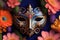 Cat Venetian carnival mask whit flowers around and Blue background. generative ai