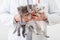 Cat in Vet doctor hands. Doctor veterinarian examining 3 three kittens. Baby cats in Veterinary clinic. Vet medicine for pets and