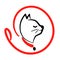 Cat walking service logo in line style on round from leash. Happy kitty training icon. Walk pet symbol in black red