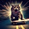 A cat was skateboarding at such a high speed that it created sparks and startled, causing it to have a surprised expression.