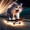 A cat was skateboarding at such a high speed that it created sparks and startled, causing it to have a surprised expression.