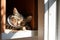 cat wearing a cone collar sleeps in a sunlit window nook