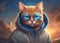 Cat wearing glasses. Cat in a blue hoodie. Round glasses. Ginger cat close up. Fantastic background. AI generated