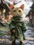 a cat is wearing a green robe and carrying a bag