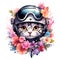 Cat wearing helmet of flowers