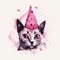 a cat wearing a pink party hat with stars on it\\\'s head and a pink spotty cap on it\\\'s head, with a white background