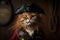 Cat wearing pirate clothes, portrait of funny serious pet in vintage outfit, generative AI