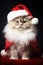 Cat wearing Santa Claus costume on Christmas glittering lights