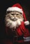 Cat wearing Santa Claus costume on Christmas glittering lights