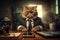 Cat Wearing Suit Fashionable with Angry Expression Sitting in Workspace Stylish Like a Boss
