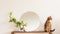 Cat white living room minimalist interior shelf mockup. Decoration living interior. Cozy interior round mirror flowers