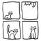Cat in window doodle. Simple drawing of four cats inside square geometric shape each in different poses