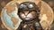 cat in the window steampunk cat astronaut in space with a background of the globe. The cat is wearing a leather suite