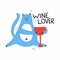 Cat with wine lettering. Wine lover text, modern inspiration phrase for bar cafe restaurant or shop, colorful doodle kitchen