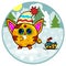 Cat in winter forest with a fish in sleigh. Vector cartoon illustration in a circle.