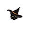 Cat in a witch hat. Black cat looking at camera in Halloween outfit. Funny holiday animal cartoon in black hat for greeting card