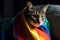 Cat wrapped up in a LGBT color flag. Gay pride animals. Homosexual relationships and transgender orientation concept.