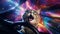 cat yawns as he drives through a galaxy background