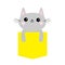 Cat in yellow pocket. Cute cartoon character. Gray kitten Smiling kitty. Dash line. Pet animal collection. T-shirt baby design. Wh