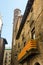 Catalan flag, hanging on a balcony, in the Gothic Quarter of Bar