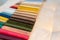 Catalog of multi-colored fabric samples. Textile industry background.