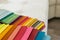 Catalog of multicolored cloth from matting fabric texture background.