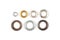 Catalogue photo of different brass multicoloured metal eyelets or rivets - curtains rings for fastening fabric to the