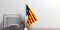 Catalonia flag next to a glass ballot box on wooden surface. 3d illustration