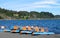 Catamaran boats on a lake shore