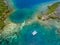 Catamaran in coral reef on coast of Belize