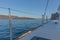 Catamaran deck overlooking santorini. Europe