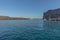 Catamaran deck overlooking santorini. Greece.