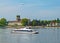 Catamaran ferry at Lake Constance in front of palace Friedrichshafen