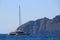 Catamaran full of tourists furrowing the coast of Mazarron