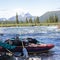 Catamaran for rafting on the taiga river. The Urals landscape. The Ural Mountains