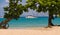 The catamaran and sailboats anchored in waters of caribbean beach.