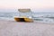 A catamaran standing on a beach with roof Evening time No people