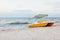 A catamaran standing on a beach with roof Evening time No people