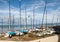 Catamarans and sand yachts on the beach in Saint Malo. Brittany, France