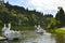 Catamarans in the shape of swans on Black Lake, Lago Negro, in Gramado, Brazil