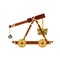 Catapult. Ancient weapons for the siege of the fortress. Wooden medieval artillery ballista.