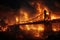 Catastrophic scene as a historic bridge is consumed by an apocalyptic blaze. Generative AI