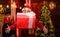 Catch it. Gift shop. Man senior Santa claus hold gift box. Winter ideas. Celebrate new year. December sale. Christmas