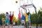 Catch it. positive delighted teenager boys play basketball, want to win