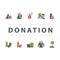 Categories of stuffs to give: food, clothes, baby toys, shoes. Horizontal donation poster. Charity banner with outline icons and