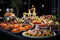 Catering buffet food on a long table in a hotel restaurant