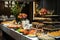 Catering buffet food on a long table in a hotel restaurant