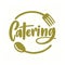 Catering company logo with elegant lettering handwritten with cursive font decorated with fork and spoon. Creative food